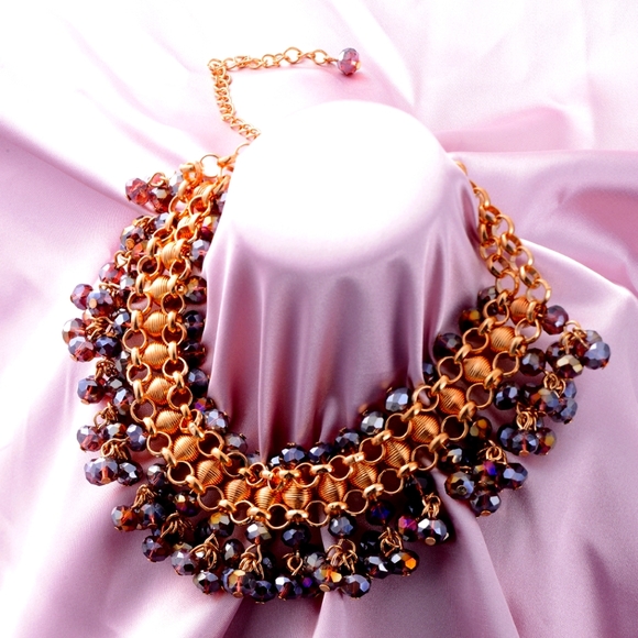 Purple Beaded Waterfall Choker or Bib Necklace (13"-19") in Goldtone - Picture 1 of 9